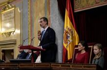 Le roi d'Espagne Felipe VI prononce un discours devant le Parlement lors du quarantième anniversaire de la Constitution, le 6 décembre 2018 à Madrid