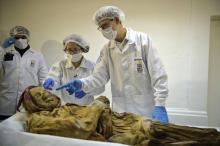 Le Français Philippe Charlier (d), médecin légiste, anthropologue et paléontologiste, examine une momie, le 30 janvier 2019 à Quito, en Equateur