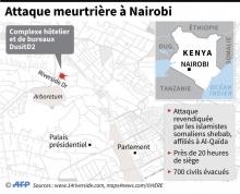 Un homme blessé évacué d'un complexe de Nairobi regroupant un hôtel et des bureaux, où une forte explosion a été suivie pendant plus d'une heure de tirs nourris, le 15 janvier 2019