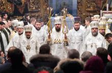 Première liturgie de la nouvelle Eglise orthodoxe ukrainienne indépendante de la tutelle religieuse russe, dans la cathédrale Sainte-Sophie à Kiev, le 7 janvier 2019