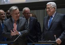 Le président palestinien Mahmoud Abbas et le secrétaire général de l'ONU Antonio Guterres, le 15 janvier 2019 au siège des Nations unies, à New York