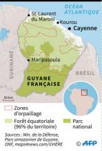 Des membres des forces armées franco-guyanaises patrouillent dans des canots pour débusquer les orpailleurs le long du française, dans le cadre de l'opération Harpie, le 20 janvier 2019