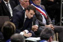 Le président Emmanuel Macron lors d'un grand débat avec quelque 600 maires d'Occitanie, le 18 janvier 2019 à Souillac