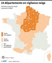 Carte de France des 24 départements placés en vigilance orange neige par Meteo-France