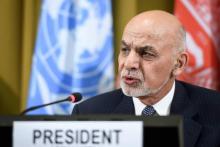 Le président afghan Ashraf Ghani lors d'un discours dans les bureaux de l'ONU à Genève le 28 novembre 2018