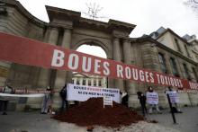 Des activistes déversent de la boue rouge devant le ministère de l'Ecologie le 12 février 2019 à Paris