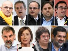 Montage créé le 26 octobre 2018 montrant des dirigeants séparatistes emprisonnés: en haut de G à D Raul Romeva, Joaquim Forn, Jordi Turull, Oriol Junqueras, Josep Rull, en bas de G à D Jordi Cuixart, 