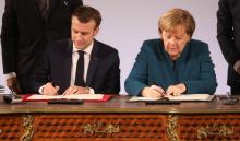 Emmanuel Macron et Angela Merkel signent un nouveau traité de coopération franco-allemande, le 22 janvier 2019 à Aix-la-Chapelle en Allemagne