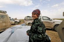 Sahale Eubank, une volontaire américaine, chrétienne fervente, près de la zone de combats contre le groupe Etat islamique (EI) dans l'est de la Syrie, près de Baghouz le 14 février 2019