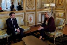 Marine Le Pen, présidente du Rassemblement national, reçue par le président Emmanuel Macron à l'Elysée, le 6 février 2019 à Paris