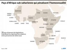 Carte des 28 pays d'Afrique sub-saharienne où l'homosexualité est interdite ou réprimée, selon Human Rights Watch
