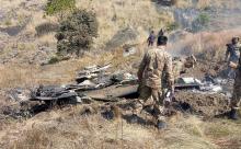 Les débris d'un avion de l'armée de l'air indienne, le 27 février 2019 à Budgam, près de Srinagar