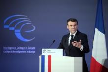 Le président Emmanuel Macron lors d'un discours à la session inaugurale du Collège du renseignement en Europe, le 5 mars 2019 à Paris