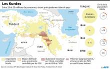 Localisation des régions peuplées ou revendiquées par les Kurdes en Turquie, Syrie, Iran et Irak et données clés sur la population