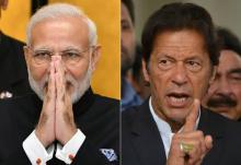 Montage photographique représentant le Premier ministre indien Narendra Modi (g), le 29 octobre 2018, et son désormais homologue pakistanais Imran Khan, le 3 novembre 2016