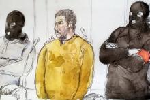 Croquis d'audience montrant Mehdi Nemmouche (c), tueur présumé du musée juif de Bruxelles, lors de son procès, le 10 janvier 2019 au tribunal de Bruxelles