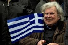 Le compositeur grec Mikis Théodorakis lors d'une manifestation à Athènes le 4 février 2018