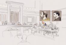 Mehdi Nemmouche et Nacer Bendrer sur un croquis d'audience pendant leur procès à Bruxelles le 10 janvier 2019
