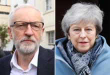 Photos du leader du parti travailliste Jeremy Corbyn (à gauche) et de la Première ministre Theresa May (à droite), le 3 avril 2019