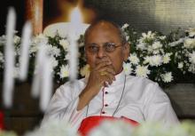 Le cardinal Malcolm Ranjith, archevêque de Colombo, lors d'une veillée le 28 avril 2019 à la mémoire des victimes des attentats jihadistes du dimanche de Pâques