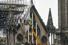 Travaux de consolidation du pignon du transept nord de la cathédrale Notre-Dame de Paris, le 18 avril 2019