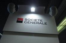Le logo de la Société Générale au salon Actionaria de Paris le 23 novembre 2017
