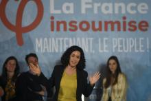 Manon Aubry, tête de liste de la France Insoumise (LFI) aux élections européennes, en meeting à Nîmes le 5 avril 2019