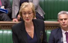 Capture vidéo diffusée par le parlement britannique d'Andrea Leadsom, la représentante du gouvernement au parlement devant la Chambre des communes le 1er avril 2019