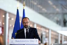 Le Premier ministre Edouard Philippe prononce un discours lors de l'inauguration à Orly du nouveau bâtiment fusionnant les ex-terminaux Ouest et Sud en une aérogare unique, le 18 avril 2019