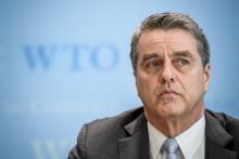 Le directeur général de l'OMC Roberto Azevedo a appelé à résoudre d'urgence les "tensions" commerciales dans le monde lors d'une conférence de presse à Genève, le 2 avril 2019