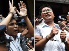 Le journaliste birman Kyaw Soe Oo (c), escorté par des policiers après sa condamnation à sept ans de prison, le 3 septembre 2018 à Rangoun