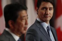 Conférence de presse commune entre le Premier ministre canadien Justin Trudeau et son homologue japonais Shinzo Abe, le 28 avril 2019 à Ottawa