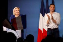 Marine Le Pen et Jordan Bardella (D), le 21 mai 2019 lors d'un meeting à Villeblevin