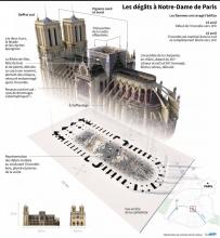 Des échaffaudages installés sur Notre-Dame gravement endommagée par un incendie, le 7 mai 2019 à Paris