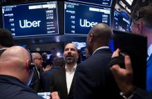 La bannière d'Uber barre la façade de la Bourse de New York, le 10 mai 2019