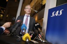 Le PDG de SAS, Rickard Gustafson, s'exprime lors d'une conférence de presse au siège de la compagnie à Stockholm, le 2 mai 2019
