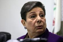 La responsable palestinienne Hanane Achraoui, qui a annoncé s'être vu refuser un visa pour les Etats-Unis, à Ramallah, le 24 février 2015