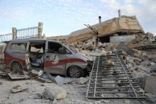 L'entrée d'un hôpital de Kafranbel détruite, dans la province d'Idleb, le 5 mai 2019
