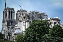 Des échaffaudages installés sur Notre-Dame, le 20 mai 2019 à Paris, gravement endommagée par un incendie