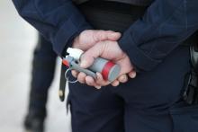 Un policier tient une grenade lacrymogène lors d'une manifestation de "gilets jaunes" à Paris le 23 février 2019