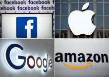 Les logos des principaux Gafa, Facebook à Nantes le 4 juillet 2019, Apple à San Francisco le 7 septembre 2016, Google à Chongqing (Chine) le 23 août 2018 et Amazon à New York le 28 septembre 2011