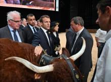 Emmanuel Macron avec des éleveurs le 4 octobre 2019 au "Sommet de l'élevage" à Cournon-d'Auvergne près de Clermont-Ferrand