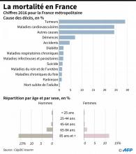 Causes des décès en pourcentage en France et répartition par classe d'âge et par sexe (chiffres 2016)