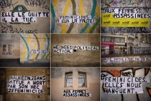 Collages dénonçant les féminicides, répartis sur les murs de Paris. Photo prise le 6 septembre 2019