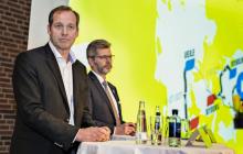La directeur du Tour de France Christian Prudhomme avec le maire de Copenhague Frank Jensen le 4 février 2020 à Vejle (Danemark)