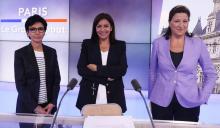 Les candidates à Paris Rachida Dati (g), Anne Hidalgo (c) et Agnès Buzyn (d) avant leur débat sur France 3, le 17 juin 2020 à Paris
