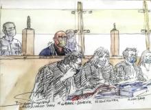 Croquis d'audience de Aissa Z. dans le box des accusés, lors de son procès à la cour d'assises de l'Essonne pour 34 viols et agressions sexuelles commis entre 1995 et 2000 en forêt de Sénart, le 15 se