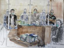 Croquis d'audience de Nourredine Allam (g), l'un des quatre accusés, et de son avocate Clarisse Serre (d) au premier jour du procès de l'assassinat du policier Xavier Jugelé en 2017, le 7 juin 2021 à 