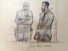 Croquis d'audience montrant l'accusé Salah Abdeslam (d) dans le box de la cour d'assises spéciale au palais de justice de Paris, le 28 septembre 2021
