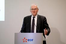 Le logo d'EDF pris le 18 janvier 2022 à Flamanville, en France